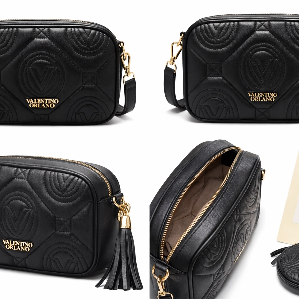Valentino Orlandi Quilted Black Crossbody Bag with Gold Accents, free wallet - Picture 2 of 5